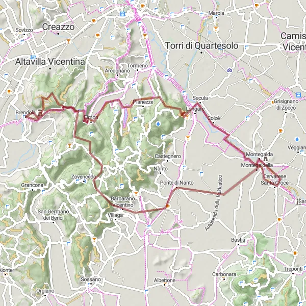 Miniature de la carte de l'inspiration cycliste "Challenging Gravel Route to Barbarano Vicentino" dans la Veneto, Italy. Générée par le planificateur d'itinéraire cycliste Tarmacs.app