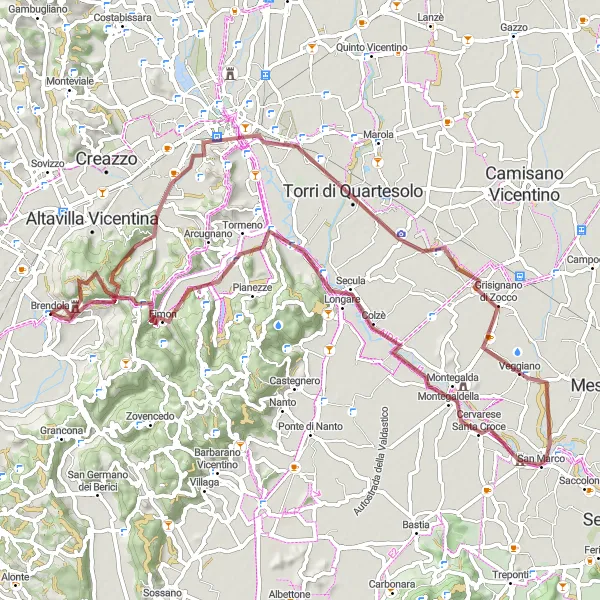 Miniature de la carte de l'inspiration cycliste "Tour de Gotham: A Gravel Adventure near Brendola" dans la Veneto, Italy. Générée par le planificateur d'itinéraire cycliste Tarmacs.app