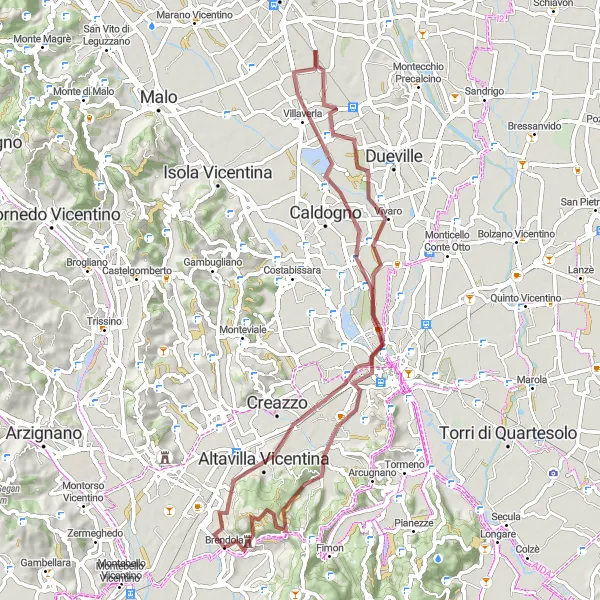 Miniatura della mappa di ispirazione al ciclismo "Avventura Gravel tra le Colline" nella regione di Veneto, Italy. Generata da Tarmacs.app, pianificatore di rotte ciclistiche