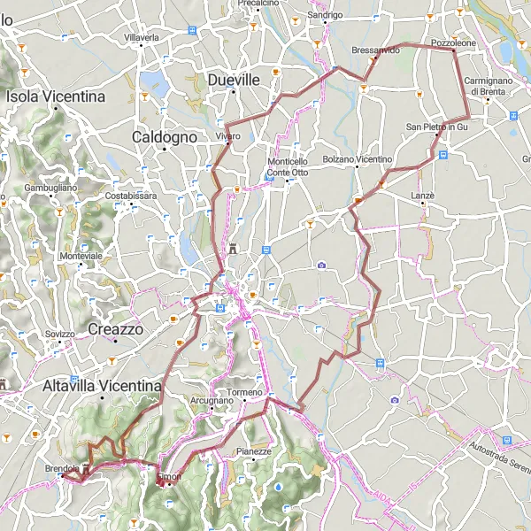 Karttaminiaatyyri "Maaseudun kauneus Brendolan ympäristössä" pyöräilyinspiraatiosta alueella Veneto, Italy. Luotu Tarmacs.app pyöräilyreittisuunnittelijalla
