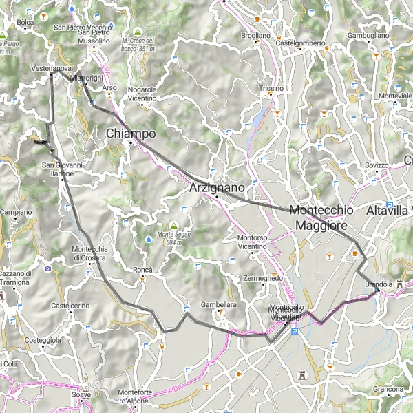 Miniaturní mapa "Cyklistická trasa Montebello Vicentino - Montecchio Maggiore" inspirace pro cyklisty v oblasti Veneto, Italy. Vytvořeno pomocí plánovače tras Tarmacs.app