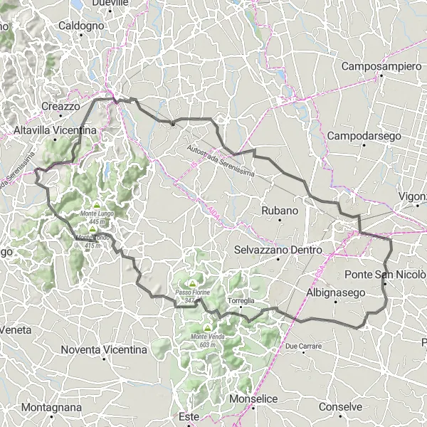 Kartminiatyr av "Vicenza Loop fra Brendola" sykkelinspirasjon i Veneto, Italy. Generert av Tarmacs.app sykkelrutoplanlegger