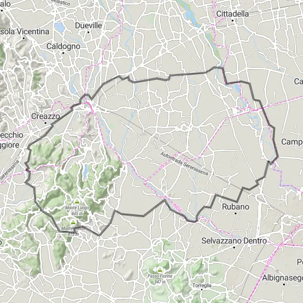 Mapa miniatúra "Dlhý road okruh cez Brendolu a okolie" cyklistická inšpirácia v Veneto, Italy. Vygenerované cyklistickým plánovačom trás Tarmacs.app