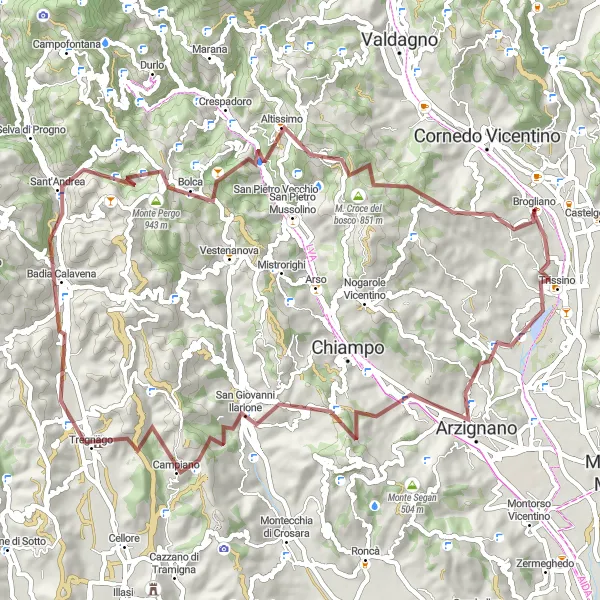 Miniaturekort af cykelinspirationen "Grusvejsrute til Monte Serea" i Veneto, Italy. Genereret af Tarmacs.app cykelruteplanlægger