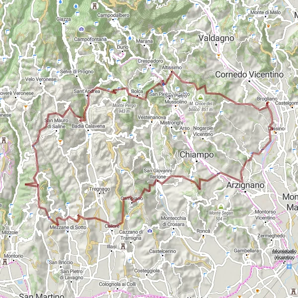 Miniatua del mapa de inspiración ciclista "Ruta de Grava por Monte Parnese y Altissimo" en Veneto, Italy. Generado por Tarmacs.app planificador de rutas ciclistas