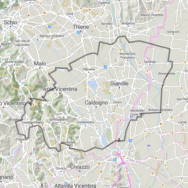 Miniatua del mapa de inspiración ciclista "Ruta en Carretera Isola Vicentina - Trissino" en Veneto, Italy. Generado por Tarmacs.app planificador de rutas ciclistas