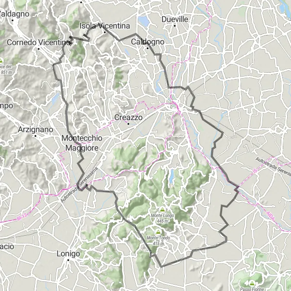 Miniatura della mappa di ispirazione al ciclismo "Tour delle colline vicentine" nella regione di Veneto, Italy. Generata da Tarmacs.app, pianificatore di rotte ciclistiche