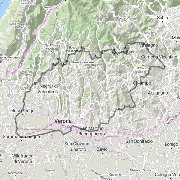 Miniatura della mappa di ispirazione al ciclismo "Giro panoramico tra Verona e Vicenza" nella regione di Veneto, Italy. Generata da Tarmacs.app, pianificatore di rotte ciclistiche