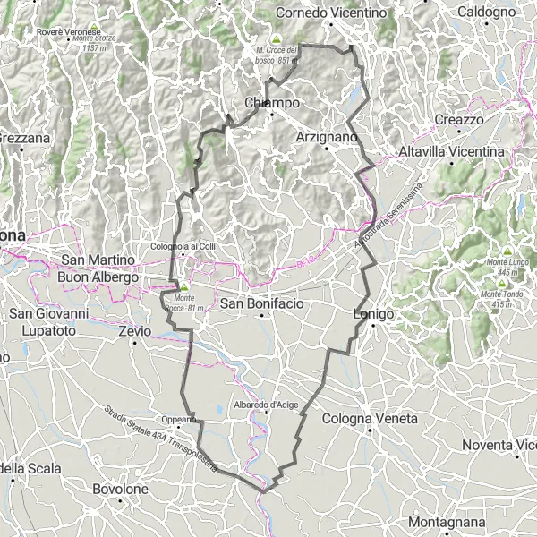 Miniature de la carte de l'inspiration cycliste "Défi de 122 km au Départ de Brogliano" dans la Veneto, Italy. Générée par le planificateur d'itinéraire cycliste Tarmacs.app