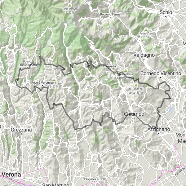 Miniature de la carte de l'inspiration cycliste "Tour des Montagnes et Collines de Veneto" dans la Veneto, Italy. Générée par le planificateur d'itinéraire cycliste Tarmacs.app