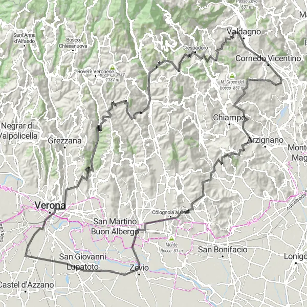 Miniatura della mappa di ispirazione al ciclismo "Avventura su Strada tra Verona e Monte Bregonza" nella regione di Veneto, Italy. Generata da Tarmacs.app, pianificatore di rotte ciclistiche