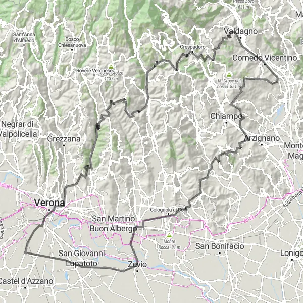 Miniature de la carte de l'inspiration cycliste "Tour des Montagnes de Veneto" dans la Veneto, Italy. Générée par le planificateur d'itinéraire cycliste Tarmacs.app