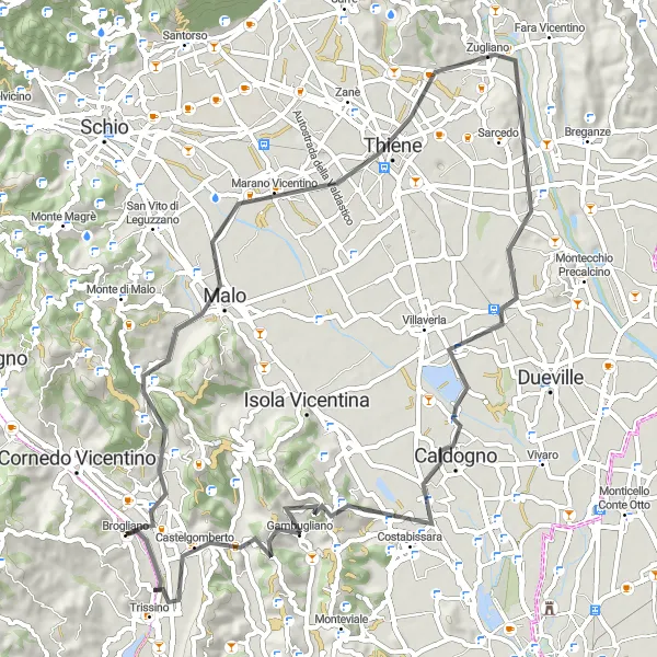 Miniatua del mapa de inspiración ciclista "Ruta de ciclismo por las colinas de Thiene" en Veneto, Italy. Generado por Tarmacs.app planificador de rutas ciclistas