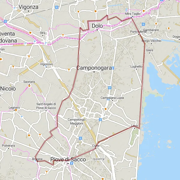 Miniatua del mapa de inspiración ciclista "Ruta de 50 km en grava desde Brugine" en Veneto, Italy. Generado por Tarmacs.app planificador de rutas ciclistas