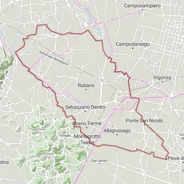 Miniatura della mappa di ispirazione al ciclismo "Sfida Gravel tra Brugine e Ardoneghe" nella regione di Veneto, Italy. Generata da Tarmacs.app, pianificatore di rotte ciclistiche