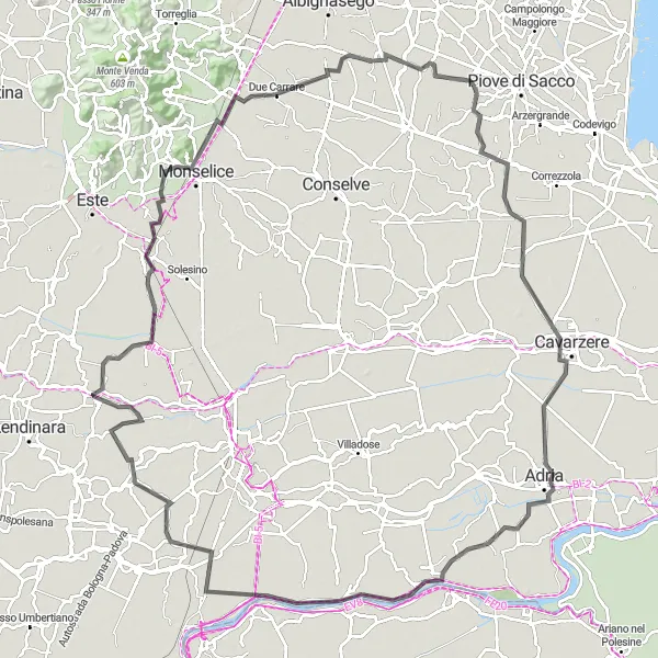 Miniatura della mappa di ispirazione al ciclismo "Giro ciclistico da Brugine di 134 km" nella regione di Veneto, Italy. Generata da Tarmacs.app, pianificatore di rotte ciclistiche