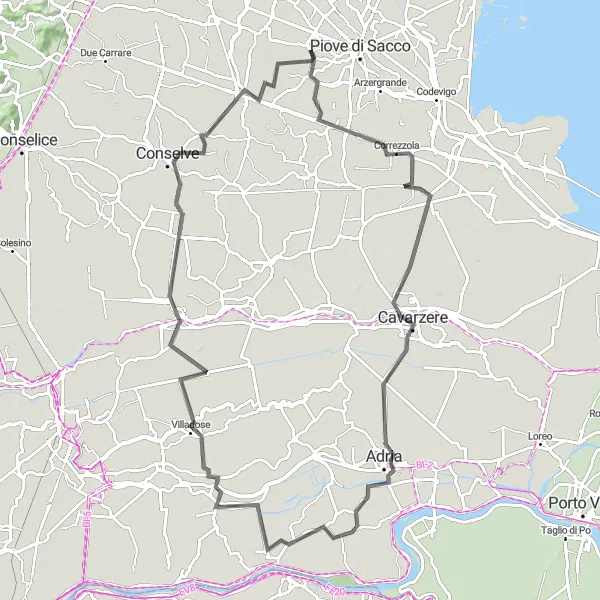 Miniatua del mapa de inspiración ciclista "Ruta de 101 km por carretera desde Brugine" en Veneto, Italy. Generado por Tarmacs.app planificador de rutas ciclistas