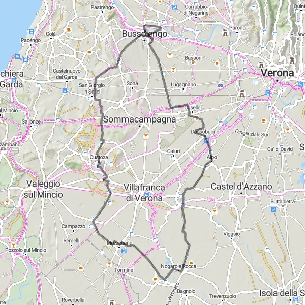 Miniatura della mappa di ispirazione al ciclismo "Tour ciclistico tra Caselle e Bussolengo" nella regione di Veneto, Italy. Generata da Tarmacs.app, pianificatore di rotte ciclistiche