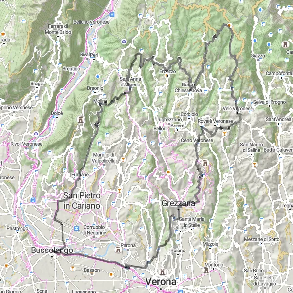 Miniaturní mapa "Veneto: Výzva ve výšce kolem Bussolengo" inspirace pro cyklisty v oblasti Veneto, Italy. Vytvořeno pomocí plánovače tras Tarmacs.app