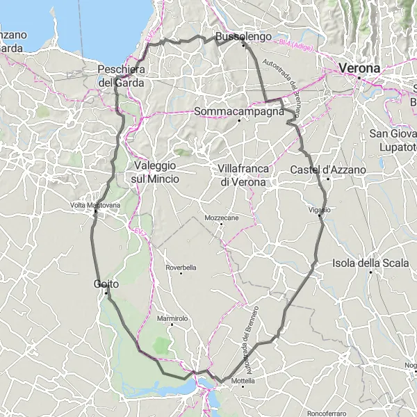 Zemljevid v pomanjšavi "Krožna kolesarska pot okoli Bussolenga" kolesarske inspiracije v Veneto, Italy. Generirano z načrtovalcem kolesarskih poti Tarmacs.app