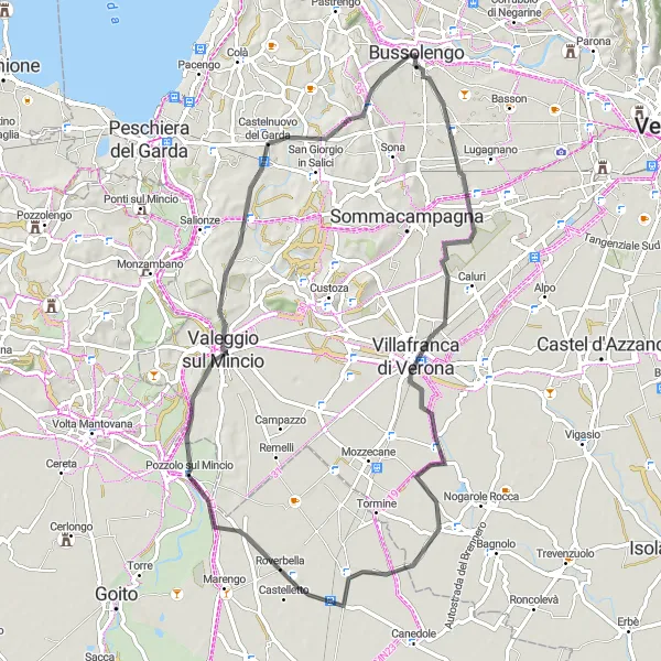 Zemljevid v pomanjšavi "Kolesarska pot Villafranca di Verona - Roverbella - Poggio dei Due Imperatori - Bussolengo" kolesarske inspiracije v Veneto, Italy. Generirano z načrtovalcem kolesarskih poti Tarmacs.app