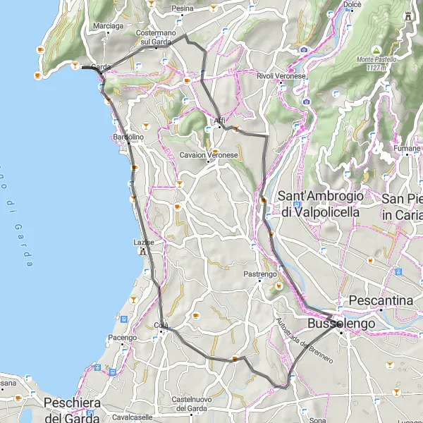 Zemljevid v pomanjšavi "Krožna pot skozi Sandrà, La Rocca, Garda, Affi in Bussolengo" kolesarske inspiracije v Veneto, Italy. Generirano z načrtovalcem kolesarskih poti Tarmacs.app
