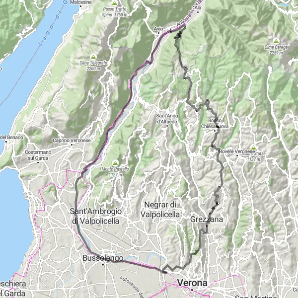 Kartminiatyr av "Utfordrende sykkeltur fra Bussolengo til Montee delle Site og tilbake" sykkelinspirasjon i Veneto, Italy. Generert av Tarmacs.app sykkelrutoplanlegger