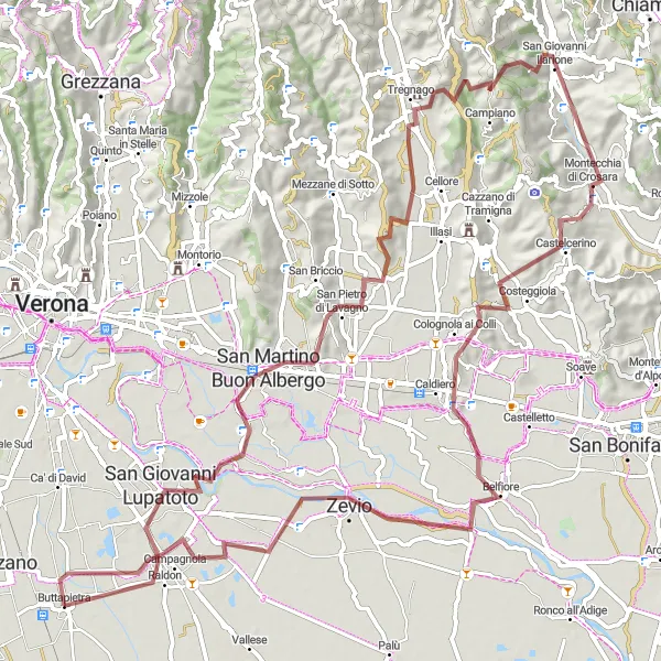 Miniaturní mapa "Gravelový okruh poblíž Buttapietry" inspirace pro cyklisty v oblasti Veneto, Italy. Vytvořeno pomocí plánovače tras Tarmacs.app