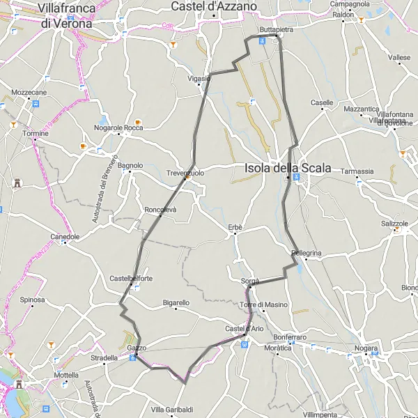 Miniatura della mappa di ispirazione al ciclismo "Pedalata tra Buttapietra e Castelbelforte" nella regione di Veneto, Italy. Generata da Tarmacs.app, pianificatore di rotte ciclistiche