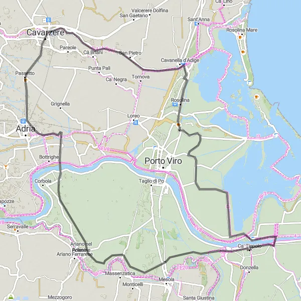 Mapa miniatúra "Cyklotúra cez San Basilio a Cavarzere" cyklistická inšpirácia v Veneto, Italy. Vygenerované cyklistickým plánovačom trás Tarmacs.app