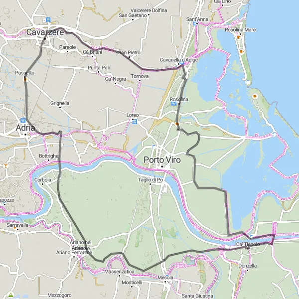 Map miniature of "Adria and Rosolina Coastal Ride" cycling inspiration in Veneto, Italy. Generated by Tarmacs.app cycling route planner