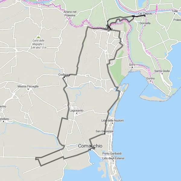 Map miniature of "Ca' Tiepolo and Mesola Loop" cycling inspiration in Veneto, Italy. Generated by Tarmacs.app cycling route planner