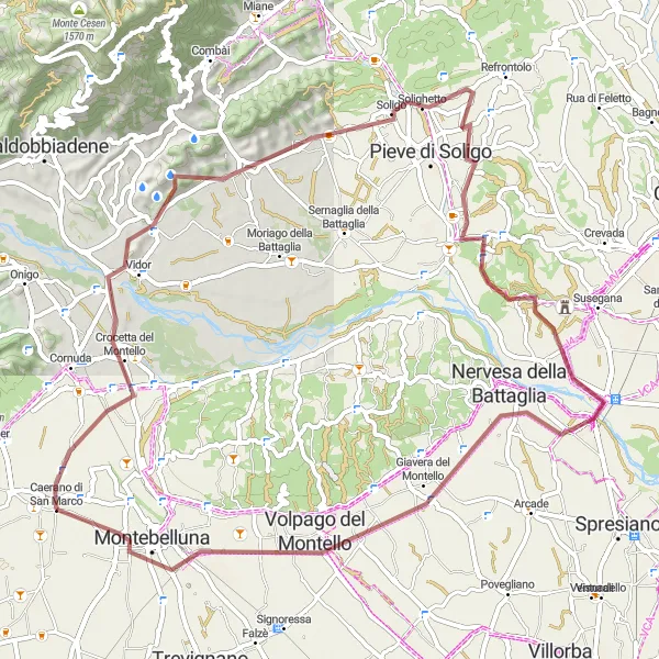 Kartminiatyr av "Crocetta del Montello til Nervesa della Battaglia Loop" sykkelinspirasjon i Veneto, Italy. Generert av Tarmacs.app sykkelrutoplanlegger