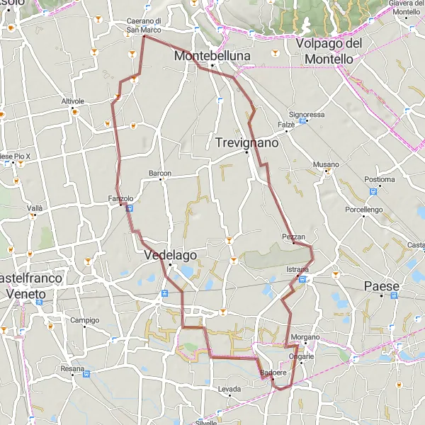 Mapa miniatúra "Poznávacie trasy po kamenných cestách okolo Caerano di San Marco" cyklistická inšpirácia v Veneto, Italy. Vygenerované cyklistickým plánovačom trás Tarmacs.app