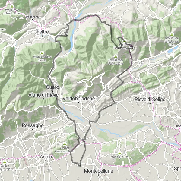 Miniature de la carte de l'inspiration cycliste "Défi des Montagnes Vénitiennes" dans la Veneto, Italy. Générée par le planificateur d'itinéraire cycliste Tarmacs.app