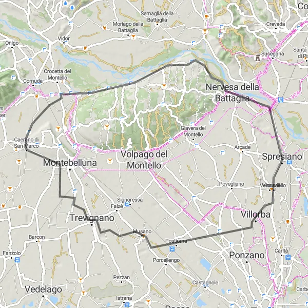 Miniaturní mapa "Okružní cyklistická trasa kolem Caerano di San Marco" inspirace pro cyklisty v oblasti Veneto, Italy. Vytvořeno pomocí plánovače tras Tarmacs.app