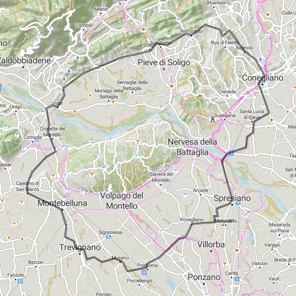 Miniatura della mappa di ispirazione al ciclismo "In sella tra Crocetta del Montello e Povegliano" nella regione di Veneto, Italy. Generata da Tarmacs.app, pianificatore di rotte ciclistiche