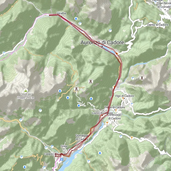 Mapa miniatúra "Gravelový okruh cez Domegge di Cadore a Rizzios" cyklistická inšpirácia v Veneto, Italy. Vygenerované cyklistickým plánovačom trás Tarmacs.app