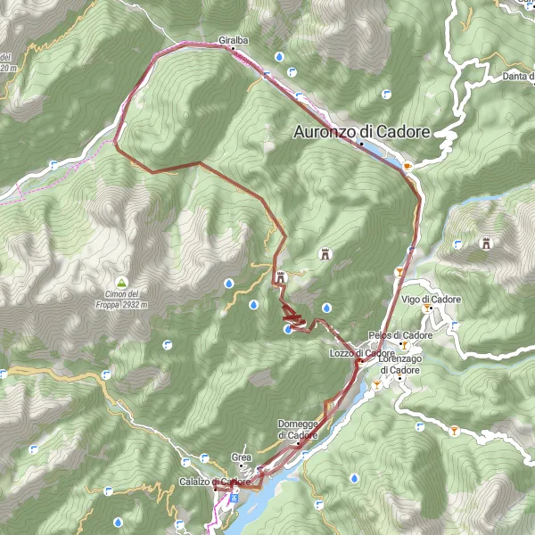Miniatura della mappa di ispirazione al ciclismo "Tour in gravel da Domegge di Cadore a Vallesella" nella regione di Veneto, Italy. Generata da Tarmacs.app, pianificatore di rotte ciclistiche