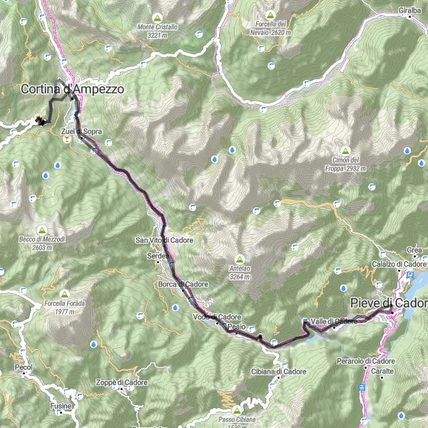 Miniatura della mappa di ispirazione al ciclismo "Giro in bici da Calalzo di Cadore a Cortina d'Ampezzo e ritorno" nella regione di Veneto, Italy. Generata da Tarmacs.app, pianificatore di rotte ciclistiche
