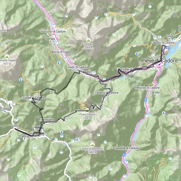 Miniatua del mapa de inspiración ciclista "Ruta panorámica de Pieve di Cadore" en Veneto, Italy. Generado por Tarmacs.app planificador de rutas ciclistas