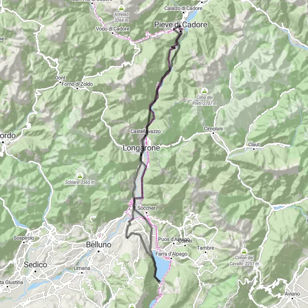 Map miniature of "Cadore Road Exploration" cycling inspiration in Veneto, Italy. Generated by Tarmacs.app cycling route planner