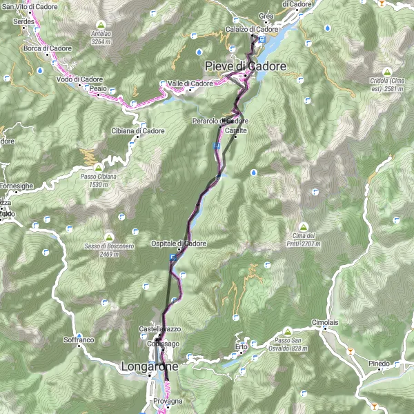 Miniaturekort af cykelinspirationen "Cadore Valley Circuit" i Veneto, Italy. Genereret af Tarmacs.app cykelruteplanlægger