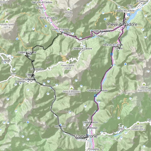 Karttaminiaatyyri "Haastava maantiepyöräilyreitti Veneton vuoristossa" pyöräilyinspiraatiosta alueella Veneto, Italy. Luotu Tarmacs.app pyöräilyreittisuunnittelijalla