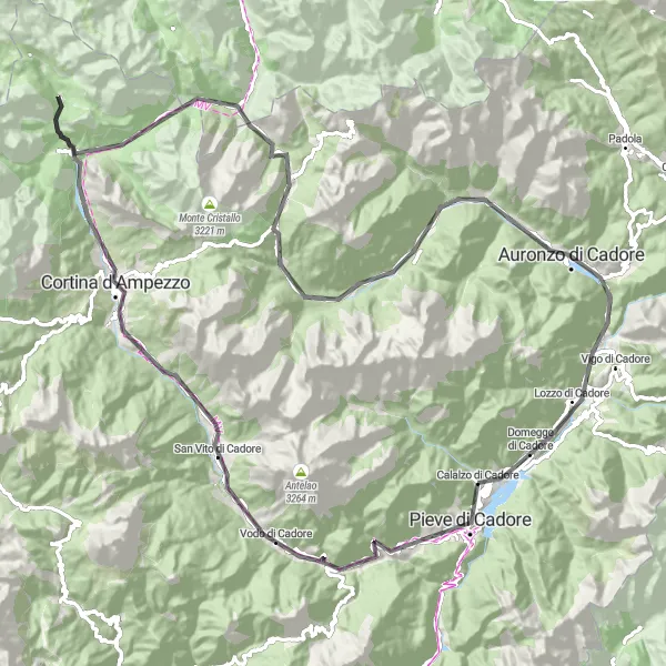 Miniature de la carte de l'inspiration cycliste "Dolomites Adventure" dans la Veneto, Italy. Générée par le planificateur d'itinéraire cycliste Tarmacs.app