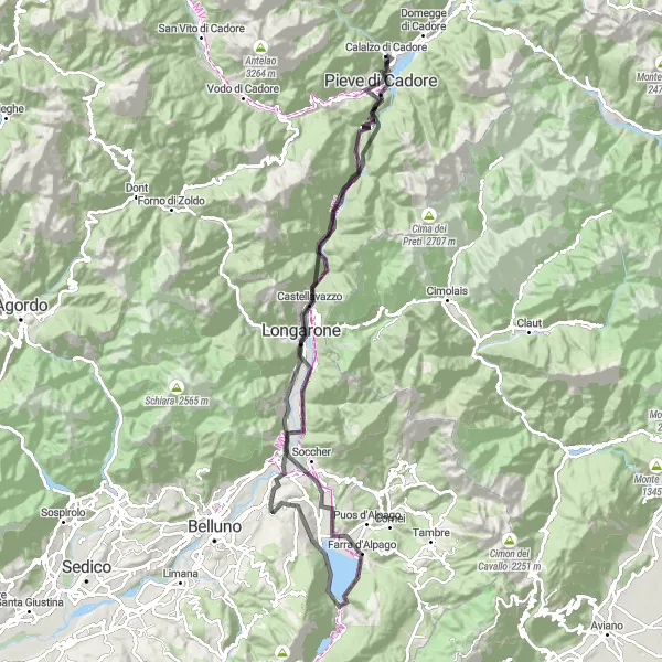 Mapa miniatúra "Okruh cez Castellavazzo a Soverzene" cyklistická inšpirácia v Veneto, Italy. Vygenerované cyklistickým plánovačom trás Tarmacs.app