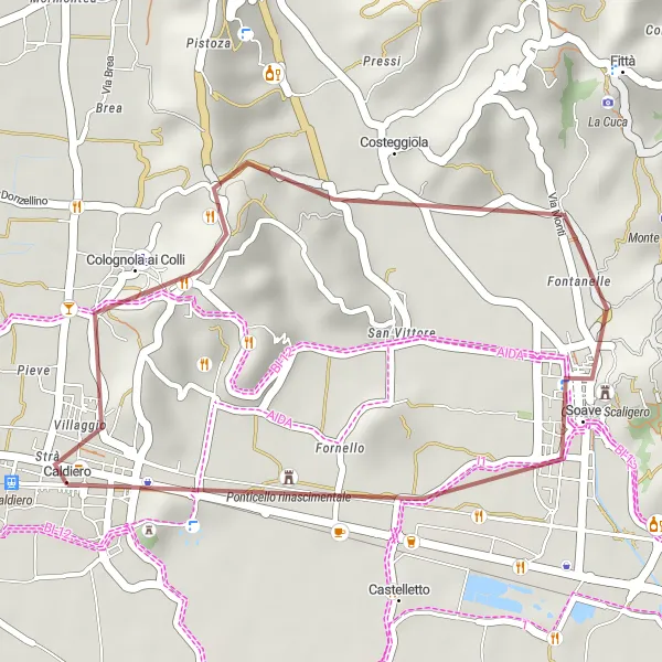 Miniaturní mapa "Gravelový okruh kolem Soave a Monte Gazzo" inspirace pro cyklisty v oblasti Veneto, Italy. Vytvořeno pomocí plánovače tras Tarmacs.app
