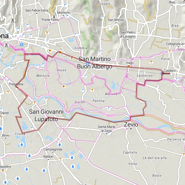 Miniatua del mapa de inspiración ciclista "Ruta de grava desde Caldiero" en Veneto, Italy. Generado por Tarmacs.app planificador de rutas ciclistas