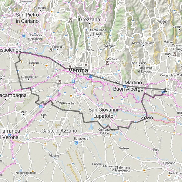 Map miniature of "Zevio Loop" cycling inspiration in Veneto, Italy. Generated by Tarmacs.app cycling route planner