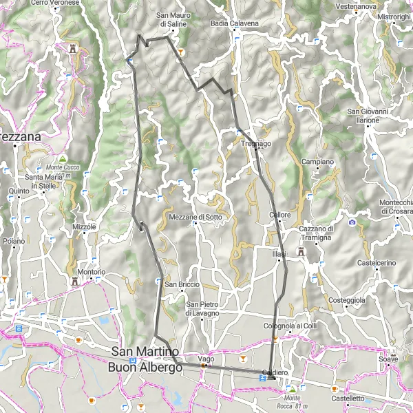 Miniaturní mapa "Krásná cyklistická trasa kolem Caldiera" inspirace pro cyklisty v oblasti Veneto, Italy. Vytvořeno pomocí plánovače tras Tarmacs.app